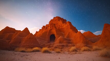 Dramatic and cinematic scene of the rugged Badlands wilderness bathed in mystical moonlight with towering cliffs and ridges casting deep eerie shadows under a starry night sky