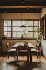 Fototapeta premium Rustic, cozy dining room with a large window, wooden table and chairs.