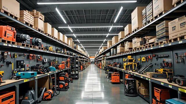 Large Industrial Hardware Store Aisle with Tools, Equipment, and Machinery on Organized Shelves in a Warehouse Setting

