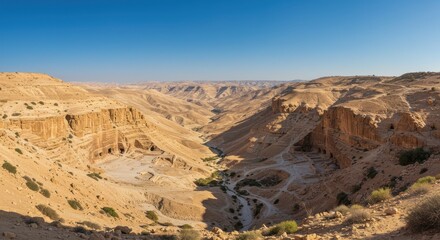Fototapeta premium Panoramic view of a vast desert canyon under a clear blue sky with rugged cliffs