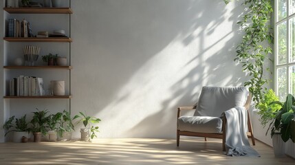 A luminous beam bathes a pristine white concrete wall in soft light from the left, casting intriguing shadows that dance across its surface, enhancing texture and depth