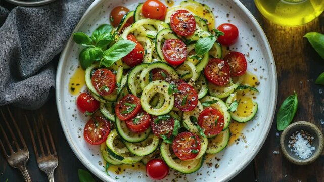 Fresh Tomato and Zucchini Salad with Basil and Olive Oil on Rustic Table