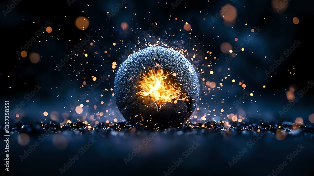 Poster magical glowing sphere with exploding light effect on dark background with bokeh particles and spark