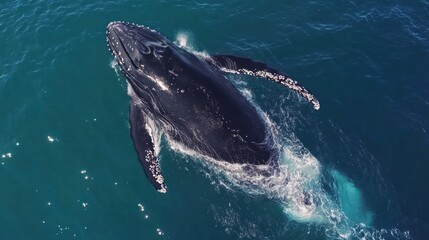 Aerial view of a humpback whale swimming in the ocean.