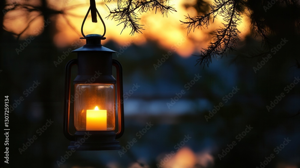 Aufkleber Elegant lantern shines with candlelight during sunset near a calm lake surrounded by trees Generative AI