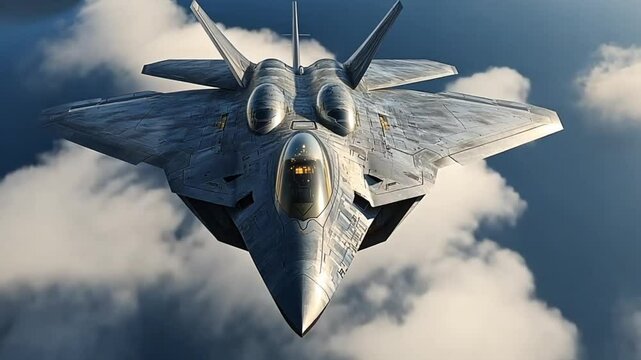 Fighter jet soaring through cloudy sky; military aircraft; aerial view; background; stock photo