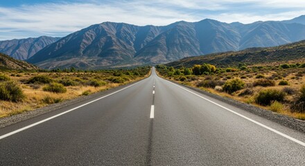 Naklejka premium Scenic highway stretching towards majestic mountains under a clear blue sky