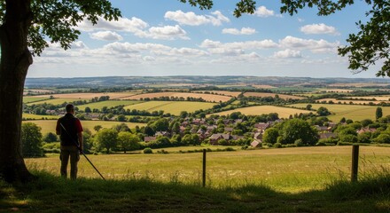 Scenic Landscape View from a Hilltop with a Person Observing a Rural Village