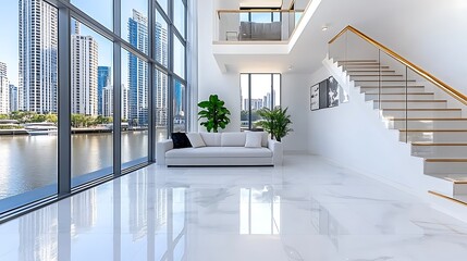 Obraz premium Modern Luxury Apartment Interior Design White Marble Floor City View Glass Walls