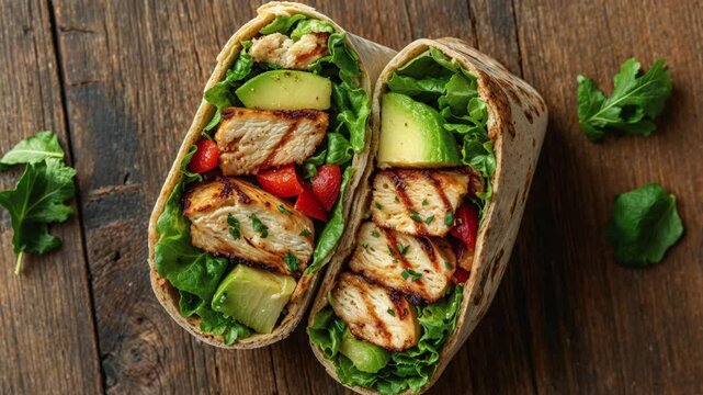 Grilled Chicken Wraps With Fresh Vegetables on Rustic Wooden Surface