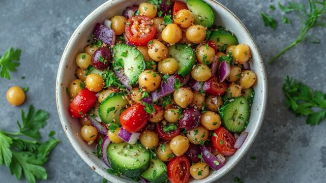 Bowl of Fresh Chickpea Salad with Vegetables on a Rustic Background