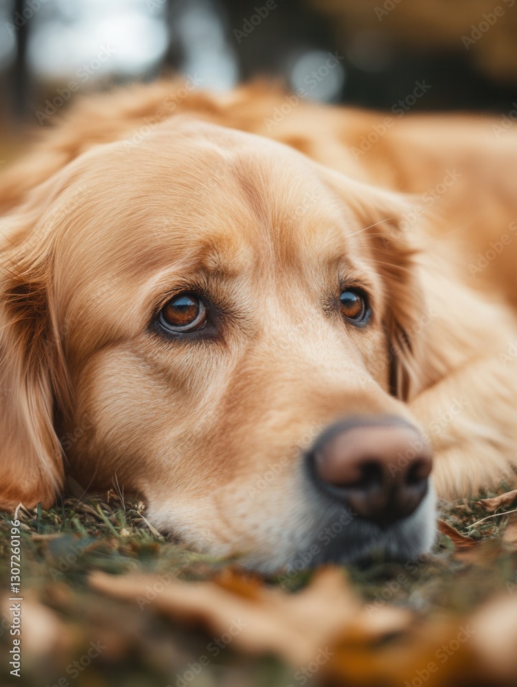 Poster Golden retriever resting on the ground surrounded by autumn leaves in a park setting Generative AI