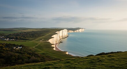 Scenic view of white chalk cliffs by the sea during golden hour with lush greenery