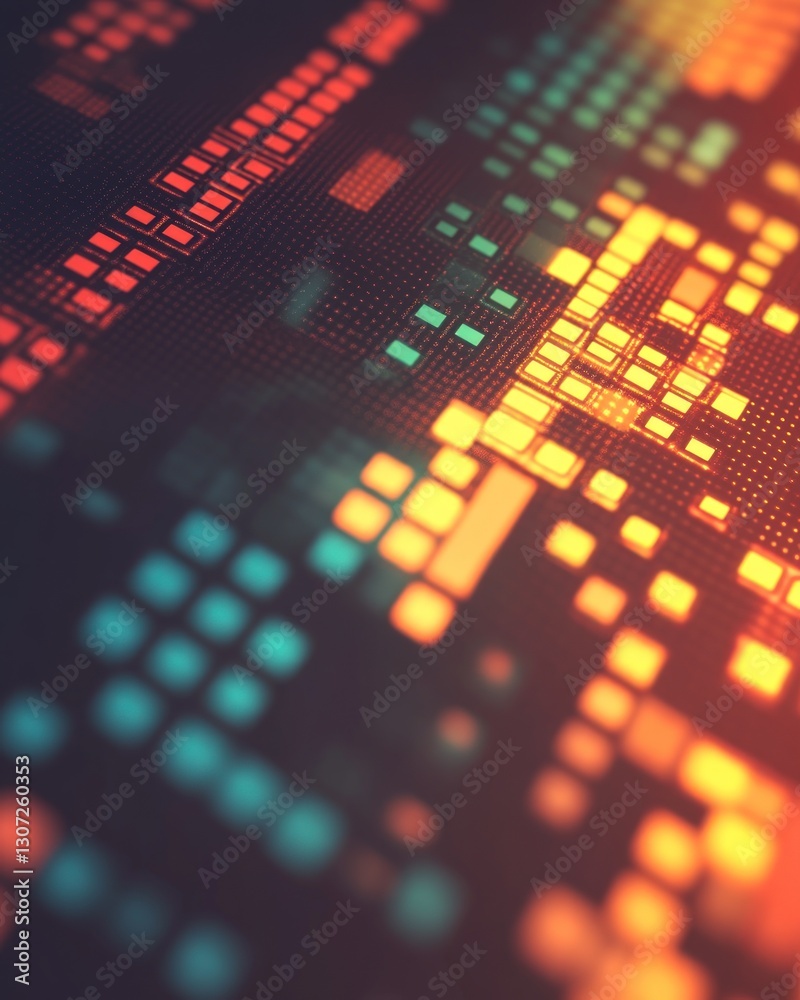 Poster abstract data visualization with glowing pixelated blocks in shades of orange and blue on a dark bac