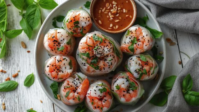Fresh Spring Rolls with Shrimp and Peanut Dipping Sauce on White Wooden Table