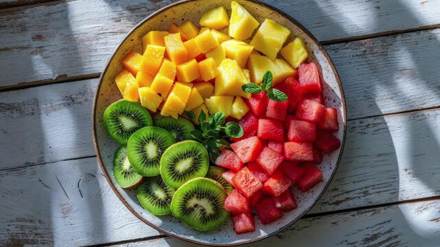 Colorful Plate of Fresh Fruit Cubes on Rustic Wooden Table