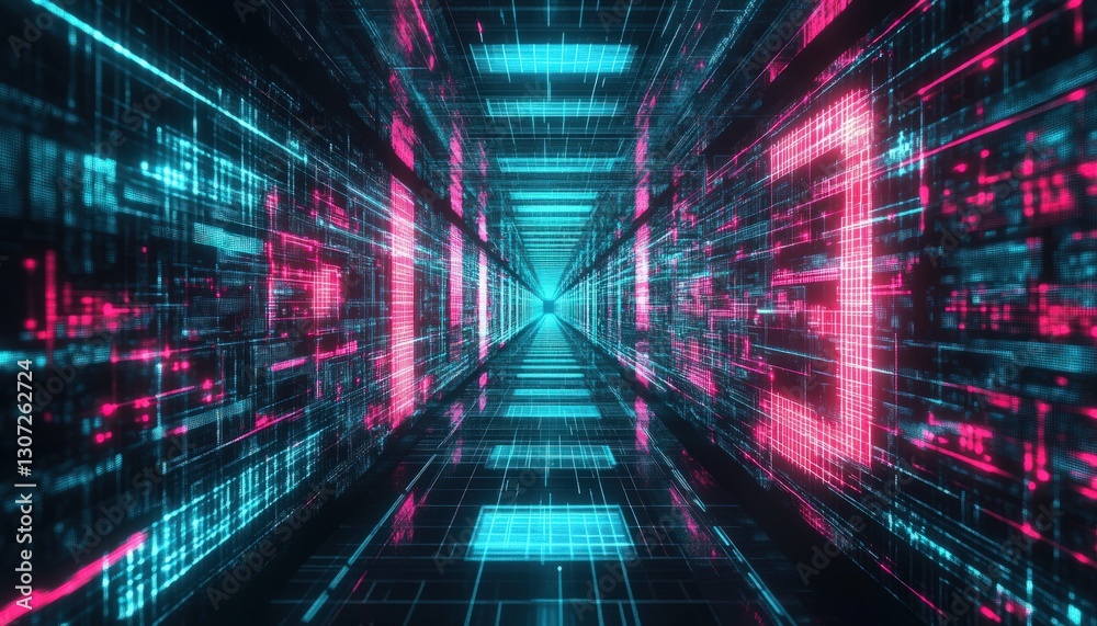 Poster abstract digital tunnel with neon blue and pink lights. futuristic data stream visualization with bi