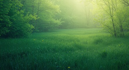Serene misty forest landscape with lush greenery and soft sunlight filtering through