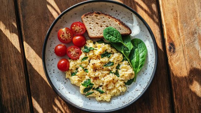 Healthy Breakfast With Scrambled Eggs, Cherry Tomatoes, Spinach, and Toast on Wood Table