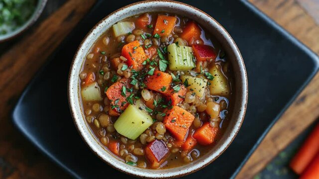 Bowl of Hearty Vegetable Stew with Lentils on Wooden Table