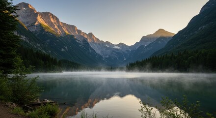 Fototapeta premium Serene mountain landscape at dawn with mist over a tranquil lake and lush forests