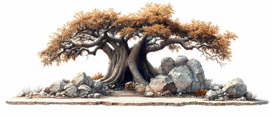 Fototapeta premium Ancient tree, rocks, desert scene. Nature backdrop