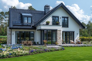  Modern white house with a dark roof, clean lines, and energy-efficient design, set against a backdrop of green grass and blue sky on a sunny day.