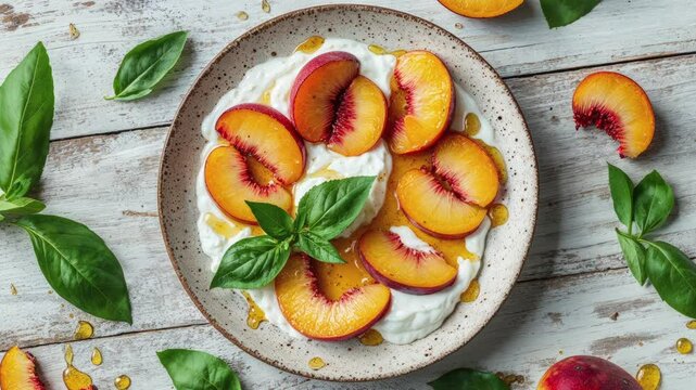 Fresh Yogurt Topped with Juicy Peach Slices and Basil on Rustic Wood