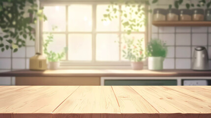 Fototapeta premium Wooden table on blurred kitchen bench background. Empty wooden table and blurred kitchen background
