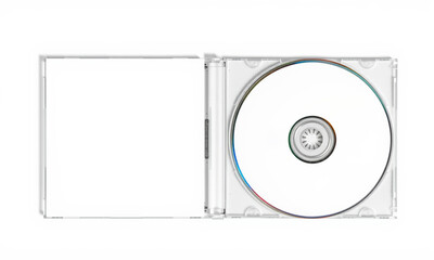 clear CD jewel case mockup featuring empty cover and blank disc, perfect for showcasing your designs or music projects. Ideal for presentations and marketing materials