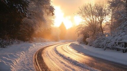 Snowy road winds through a forest lit by the suns bright glow