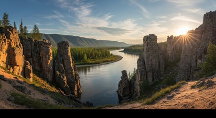 Fototapeta premium Serene river winding through majestic cliffs at sunset with lush greenery nearby