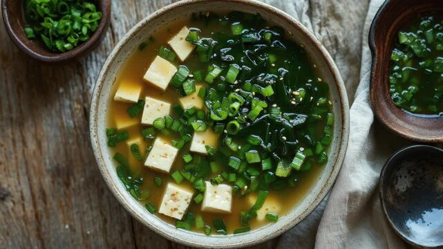 Bowl of Miso Soup Garnished with Fresh Ingredients on Wooden Table