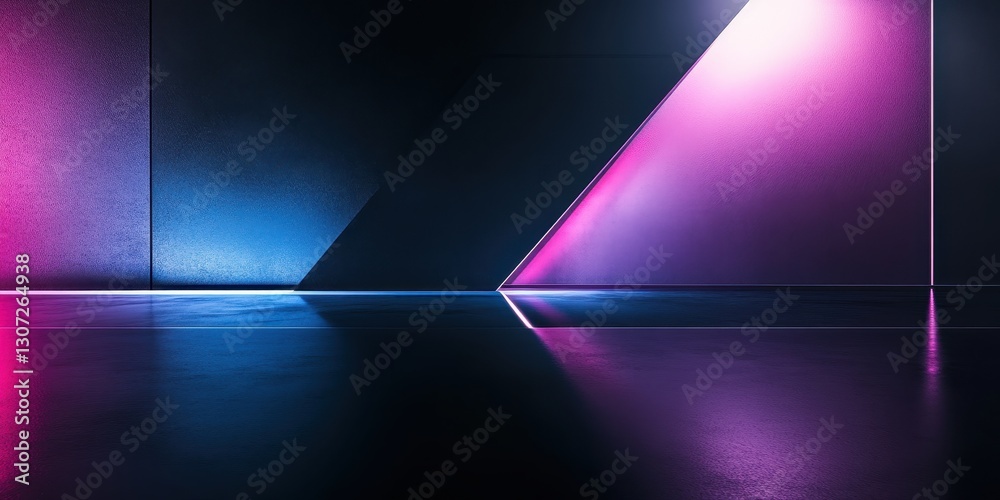 Poster dynamic abstract background with triangles and neon lights reflecting off a sleek surface for modern