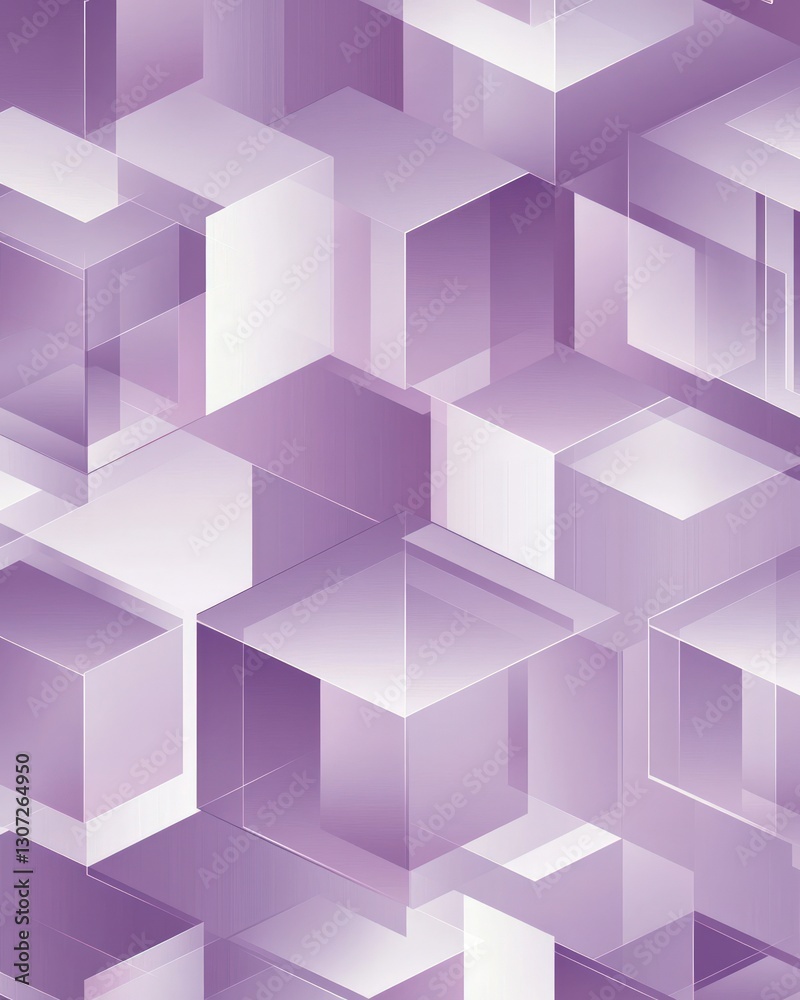 Poster abstract geometric composition of overlapping purple cubes and boxes creating a 3d effect. varying t