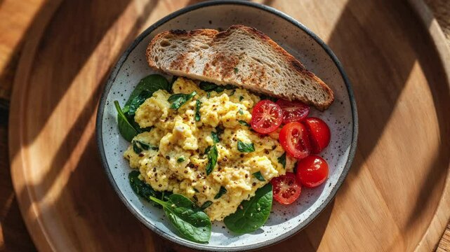Healthy Breakfast with Scrambled Eggs, Spinach, Tomatoes, and Toast in Natural Light