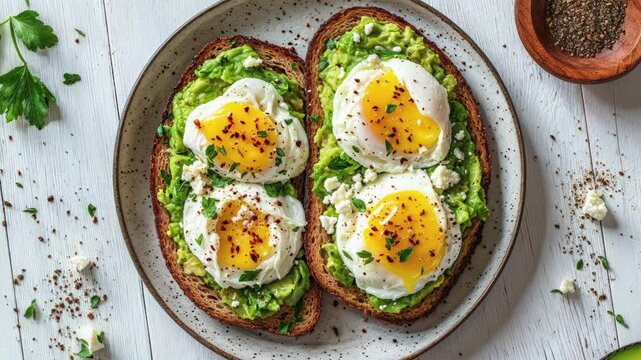 Delicious Avocado Toast with Poached Eggs and Fresh Herbs on White Background