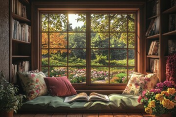 Cozy reading nook with flowers and a sunny garden view during autumn
