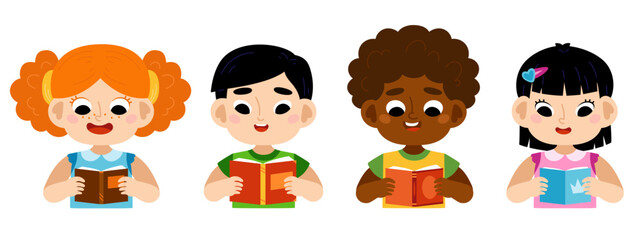 Set of cartoon reading kids. Vector cute girls and boys are reading books