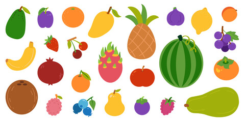 Colorful set of fruits and berries, color vector cartoon collection.