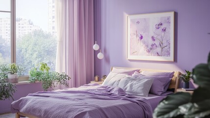 A cozy bedroom with pastel purple decor, a framed art mockup, and a large window where bright natural light enhances the space