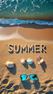 Aerial top-down view of a sandy beach with "SUMMER" written in the sand, surrounded by sunglasses and seashells. Gentle waves wash onto the shore, creating a peaceful and relaxing summer vibe