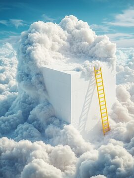 Yellow ladder leading to a giant white cube surrounded by fluffy clouds in a dreamy blue sky setting.