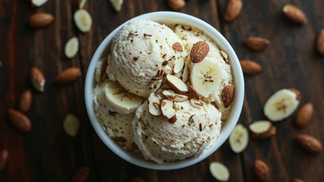 Delicious Banana and Almond Ice Cream in a Bowl on Wooden Background