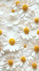 Fototapeta premium A beautiful arrangement of white daisies with vibrant yellow centers creating a fresh and calming floral pattern background.