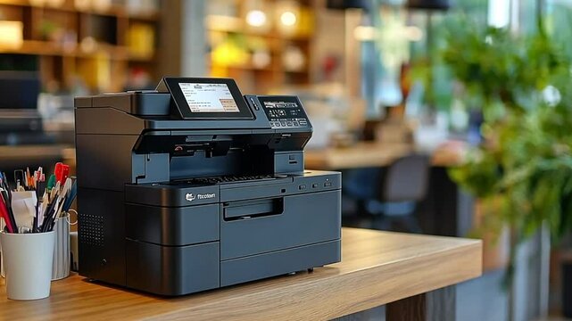 Modern multifunction printer on wooden table in cafe