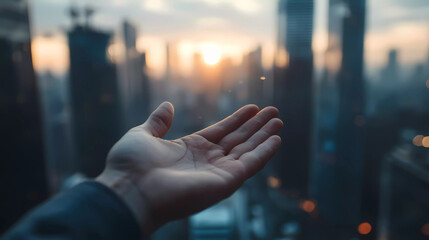 successful business agreement contract dealing businessman handshake close up hand palm with blur city building and office working space background 