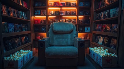 A cozy, plush movie theater seat in a dimly lit room, surrounded by shelves filled with DVDs and popcorn boxes