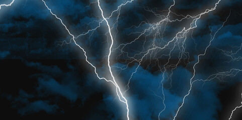 Lightning strikes in sky. Strong thunder storm in black clouds. Fork lightning striking down during summer storm. Marble texture, decorative dark stone. Blue neon.


