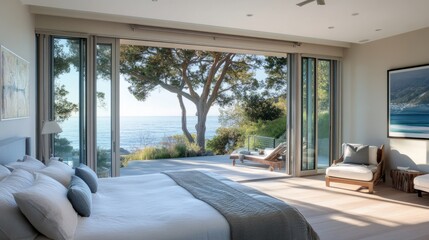Fototapeta premium A peaceful, airy bedroom with a stunning ocean view, contemporary furniture, and a soft, calming color palette for ultimate relaxation